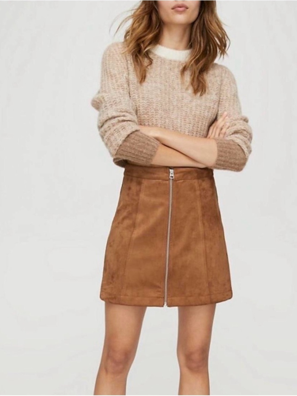 Aritzia Wilfred Free Full Zip Mini Skirt Faux Suede Size 8 Brown Chic Western